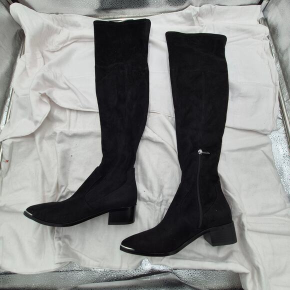 NEW Marc Fisher Yakira Over the Knee Boots Black Suede silver toe tip size 7.5M - Picture 2 of 6